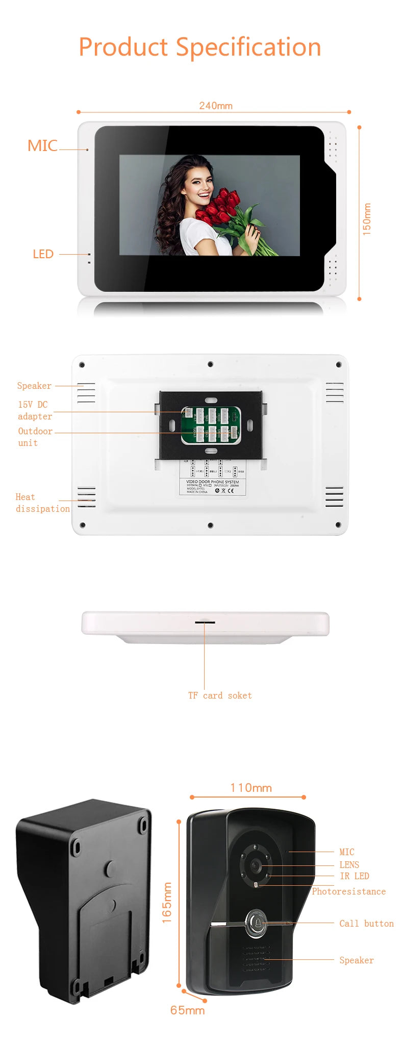 SYSD 7" Touch Screen Video Doorbell Intercom System